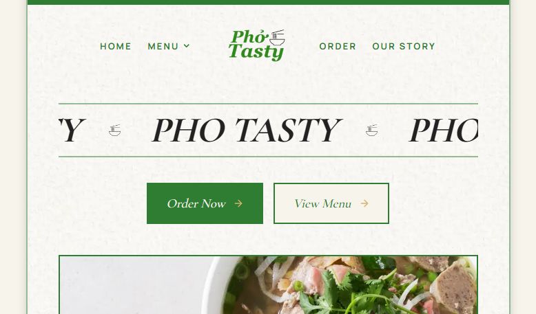 Pho Tasty restaurant website hero